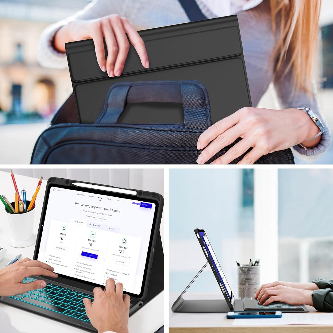 Husa pentru iPad Pro 11 (2024) cu Tastatura Bluetooth si Protectie 360°, TPU piele, tastatura retroiluminata 7 culori, multi unghi, anti alunecare si anti picatura, taiere precisa, Negru