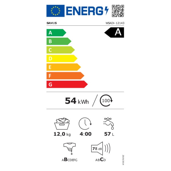 Masina de spalat rufe Samus WSADI-12143, 12 kg, 15 programe, Motor inverter, 1400 rotatii, Clasa energetica A, Afisaj electronic, Programe speciale: Abur, Blugi, Pilote, Eliminare par de animale, Tesaturi copii, Alb