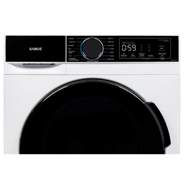 Masina de spalat rufe Samus WSADI-12143, 12 kg, 15 programe, Motor inverter, 1400 rotatii, Clasa energetica A, Afisaj electronic, Programe speciale: Abur, Blugi, Pilote, Eliminare par de animale, Tesaturi copii, Alb
