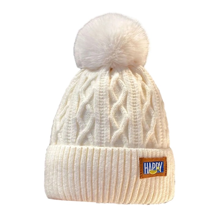 Дамска шапка, шапка, акрилен материал, декорация от пухкави топки, текстура на ромб, 56x58см