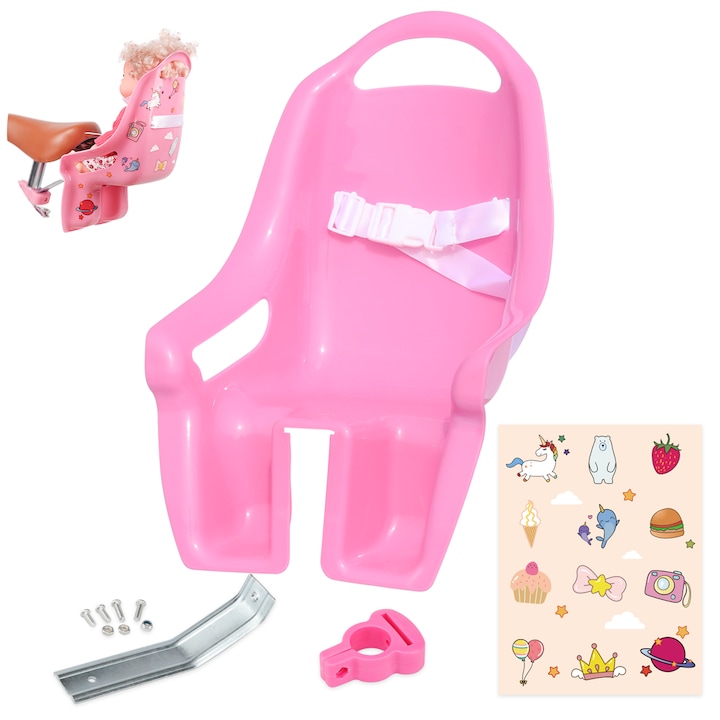 AVASTA Scaun de bicicleta pentru papusi pentru biciclete pentru fete cu autocolante DIY Unicorn, purtator de bicicleta pentru papusi, accesorii pentru biciclete pentru copii, roz