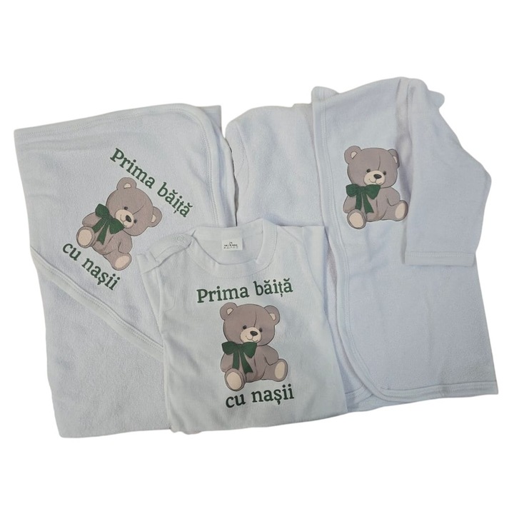 Set pentru prima baita cu nasii 3-6 luni, Halat, Prosop si body, Alb, Model Ursulet