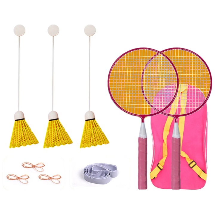 Комплект за бадминтон, найлон, включени аксесоари, розово/жълто