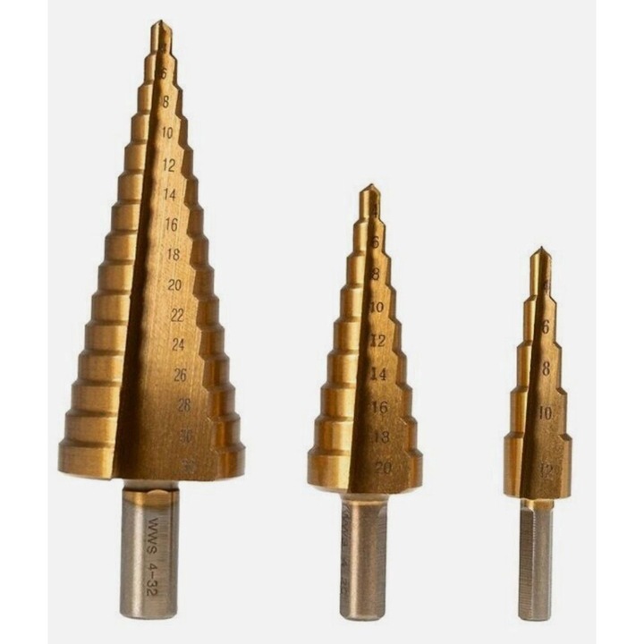 Set de 3 Burghie in Trepte Ferrex, Burghiu cu con de foraj Elicoidal, 4-32 mm, HSS, Auriu