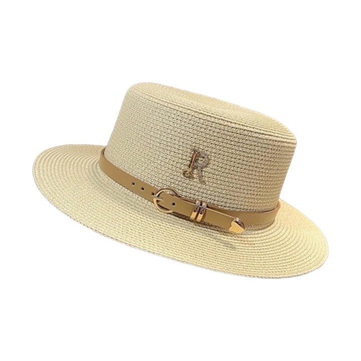 Сламена шапка, ретро британска, широка периферия, декорация на колана, 56x58 см, за жени