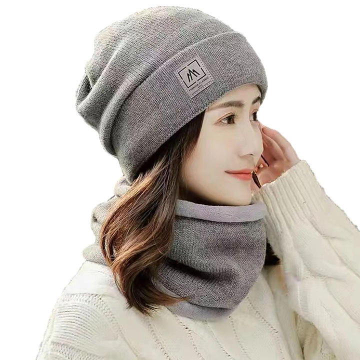 Унисекс комплект шапка и шал, плетен акрил, подплата от синтетичен косъм, еластичен, топъл, за зимата, 54х58 см