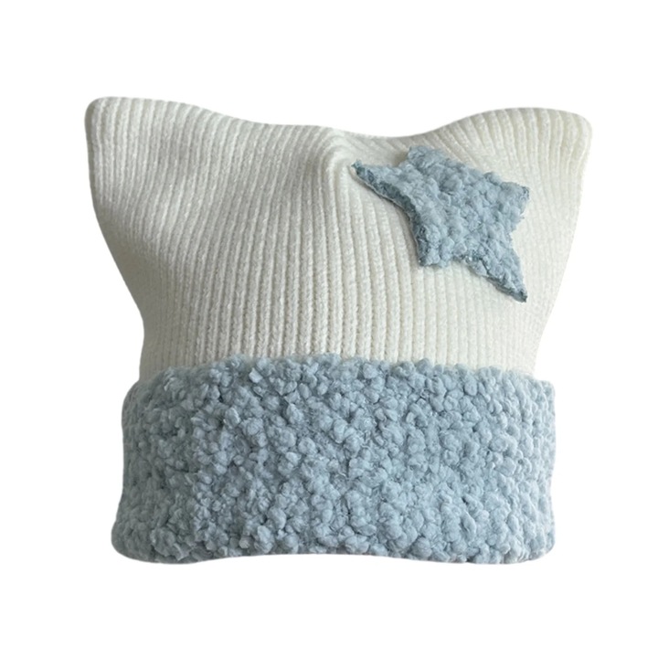 Дамска плетена шапка с котешки уши, шарка на звезда, топла, 56х58 см, многоцветна