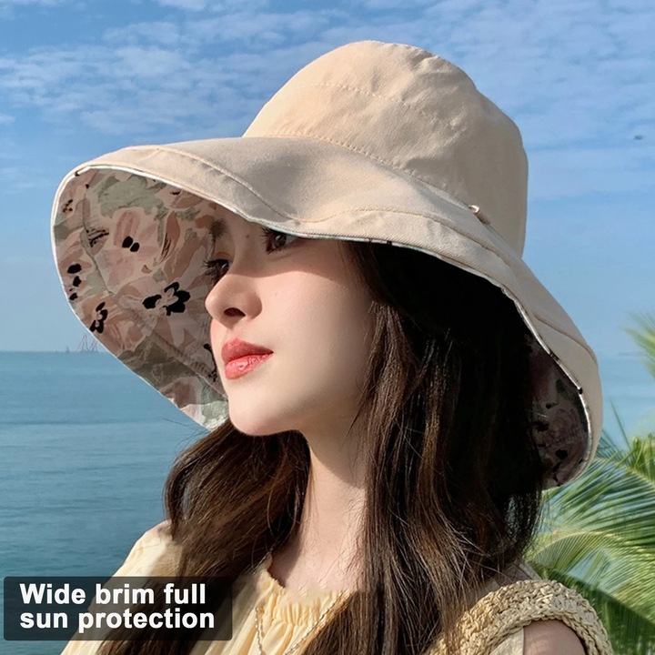 Лятна дамска шапка, щампа, широка периферия, UV защита, сгъваема, 56-58см
