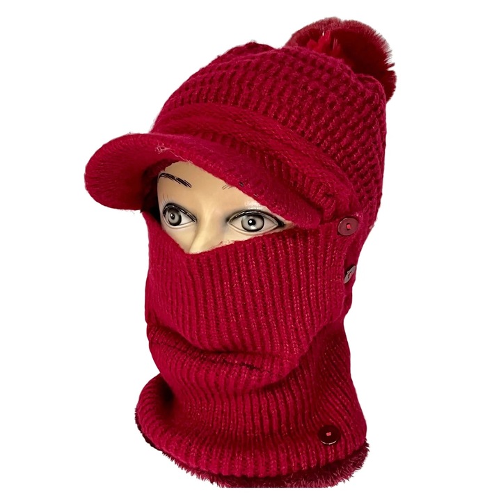 Дамска термо плетена шапка с помпон едноцветна 56х60см комплект с шал