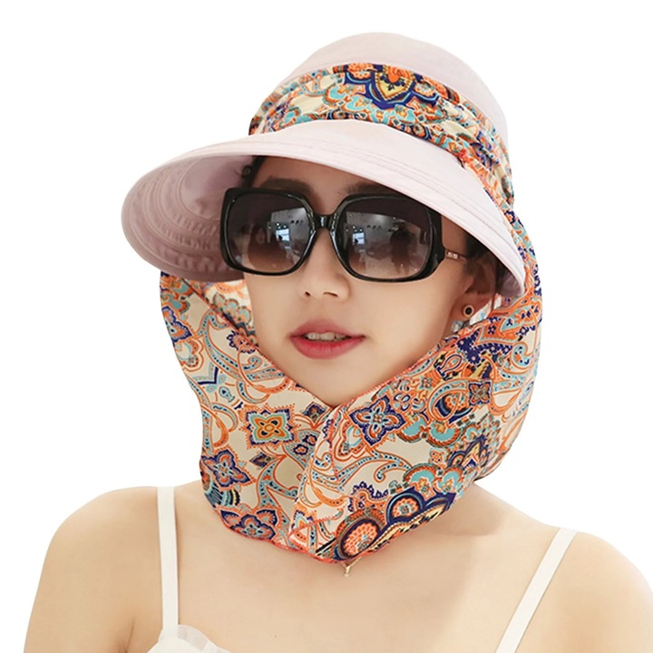 Дамска слънчева шапка с голяма периферия, защита на лицето и шията, полиестер, многоцветна, 56х58см, комплект от 1 бр.