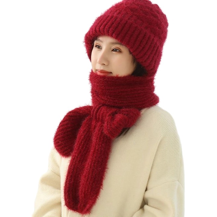 Зимна шапка с шал, дизайн без периферия, жакард, едноцветна, 54x60см