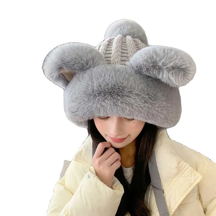 Зимна шапка с котешки уши, масивна, топла, кадифена, дамска, 55х58см