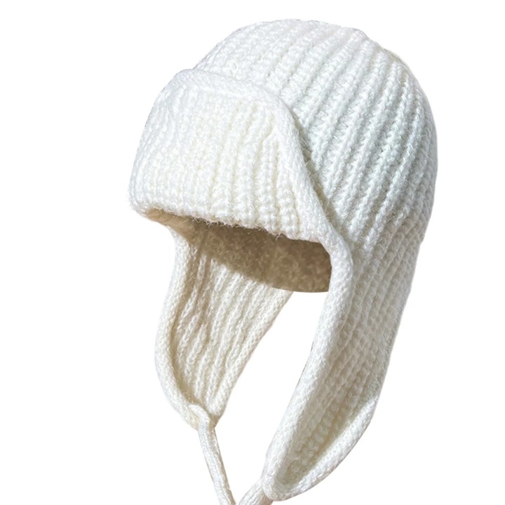 Плетена дамска шапка, модел с уши, акрил, плътна, цветна, 54-60см