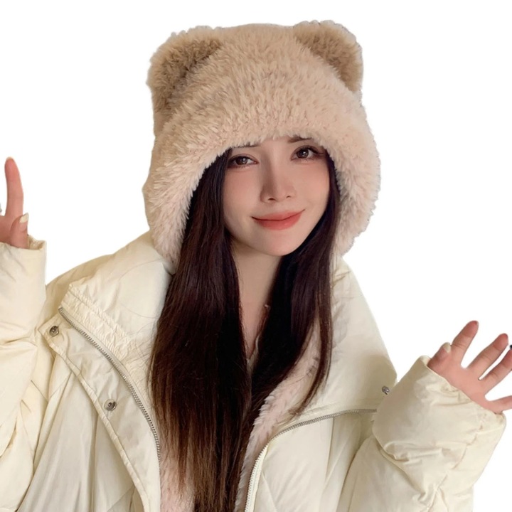 Плетена шапка с мечешки ушички, дамска, полиестерна, 58см, едноцветна