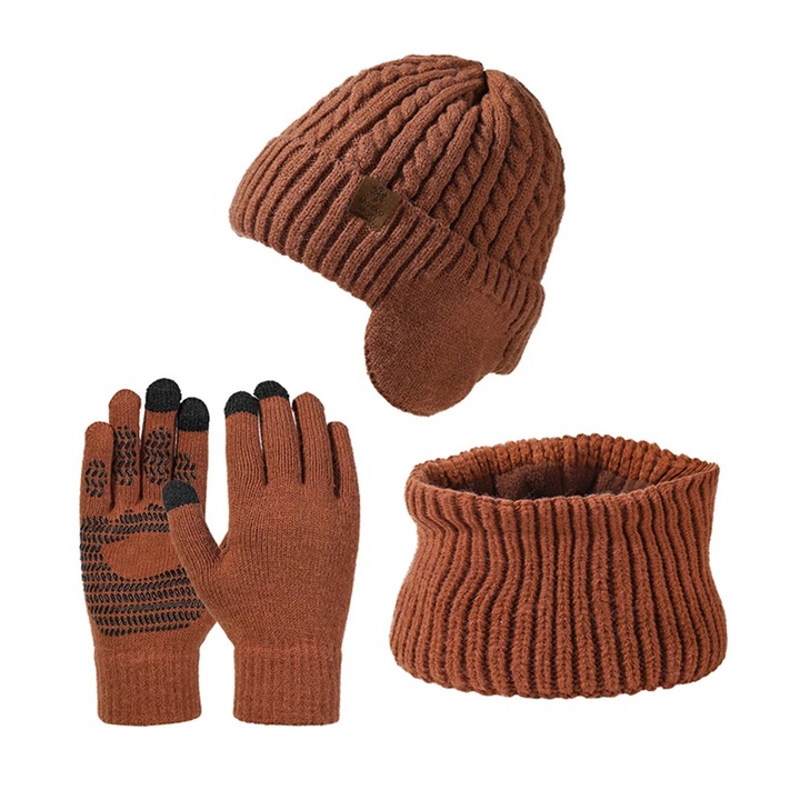 Комплект шапка, шал и унисекс ръкавици, акрилен материал, поларена подплата, защита за уши, един размер, плътен цвят