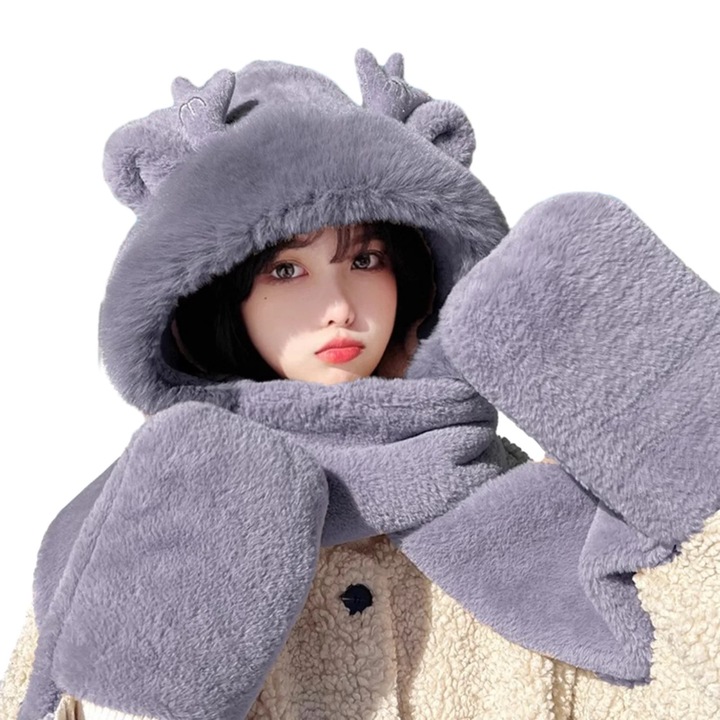 Дамска шапка, комплект с шал и ръкавици, дизайн на драконов рог, пухкава материя, едноцветна, обиколка 54-58см