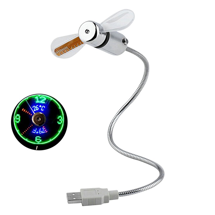 Преносим вентилатор с USB, пластмасов, регулируем ъгъл, безшумен, 40см