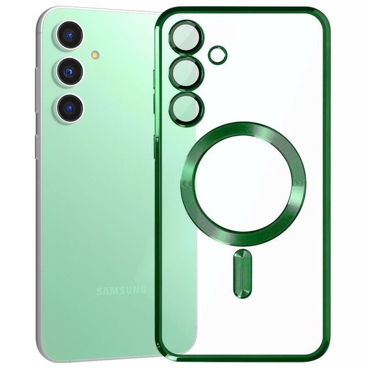 Husa tip MagSafe pentru Samsung Galaxy S23 FE, Glamour MagCase, Protectie lentile camere, Rama electroplacata, Accente metalizate, Margini ridicate, Incarcare wireless, Magnetica, Verde