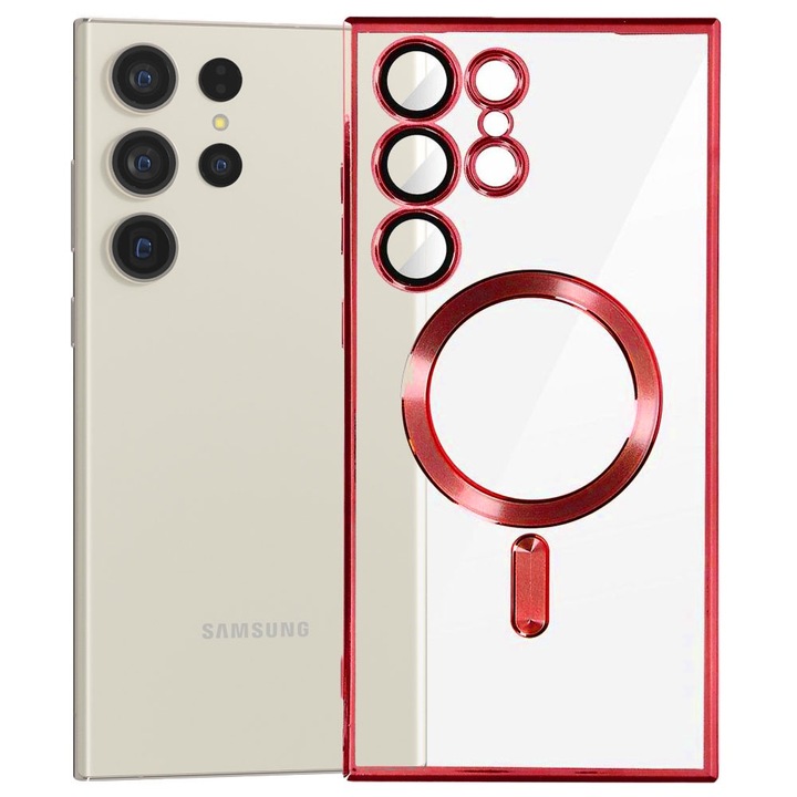 Husa tip MagSafe pentru Samsung Galaxy S23 Ultra, Glamour MagCase, Protectie lentile camere, Rama electroplacata, Accente metalizate, Margini ridicate, Incarcare wireless, Magnetica, Rosu