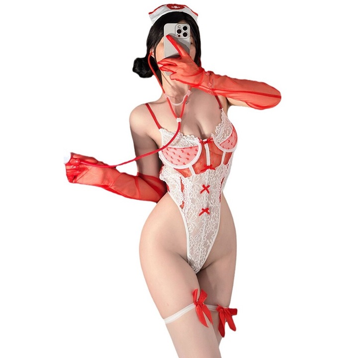 Costum erotic tip lenjerie sexy, set 2 piese, body provocator si accesoriu pentru cap, model roll play asistenta jucausa, tematica love healer, marime universala, alb cu rosu, EFAYN