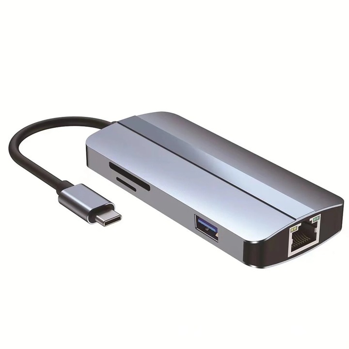 USB C хъб 8-в-1, 4K HD-MI, USB3.0, USB2.0*2, 87W PD, RJ45, SD/TF четец на карти, космически сив, 10x4.6x1cm