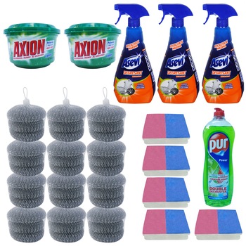 Pachet - 12 x Bureti sarma 3 bucati/set + 2 x Axion Lamaie, 400g + 3 x Asevi degresant, 750ml + 5 x Bureti de vase 2 bucati/set + Pur detergent de vase lichid, Mar verde, 750ml Pachet - 12 x Bureti sarma 3 bucati/set + 2 x Axion Lamaie, 400g + 3 x Asevi degresant, 750ml + 5 x Bureti de vase 2 bucati/set + Pur detergent de vase lichid, Mar verde, 750ml