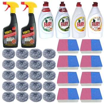 Pachet - 20 x Burete de sarma + 2 x Sano Forte, 500ml + 4 x Detergent de vase, Fairy, 450ml (Lamaie, Musetel, Mar Verde, Menta) + 8 x Set Bureti de vase, 2buc/Set Pachet - 20 x Burete de sarma + 2 x Sano Forte, 500ml + 4 x Detergent de vase, Fairy, 450ml (Lamaie, Musetel, Mar Verde, Menta) + 8 x Set Bureti de vase, 2buc/Set