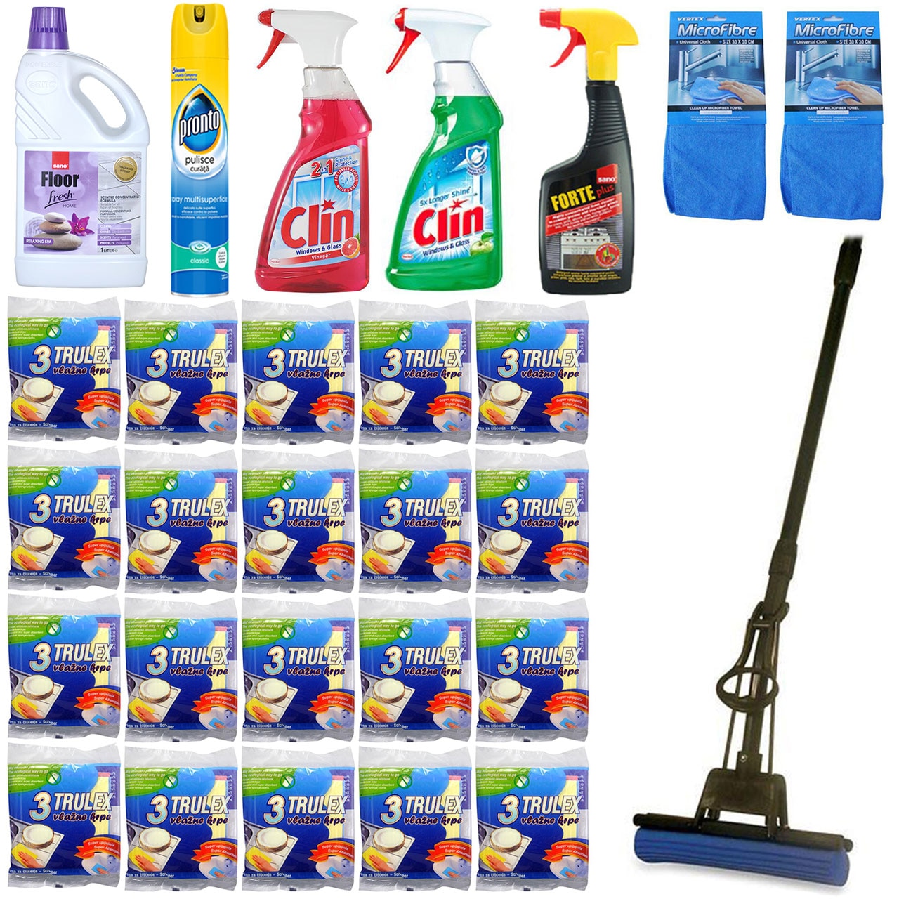 Pachet - 20 x Set Lavete umede, 3buc/Set + Sano Floor Fresh Home, 1L + Pronto Universal, 300ml + 2 x Clin Solutie geamuri, 500ml (mar verde, otet de fructe) + Sano Forte aragaz, 500ml + 2 x Laveta MicroFibre