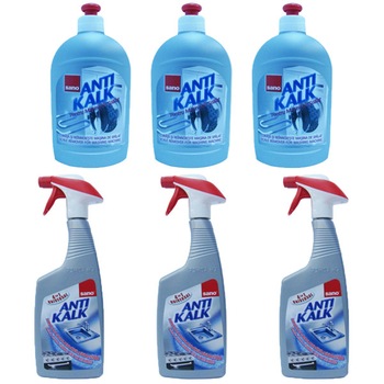 Pachet - 3 x Sano AntiKalk 4 in 1, Solutie Anti Calcar Bucatarie, Cu pulverizator, 700 ml + 3 x Solutie anti-calcar, Sano, Pentru masina de spalat, 500ml Pachet - 3 x Sano AntiKalk 4 in 1, Solutie Anti Calcar Bucatarie, Cu pulverizator, 700 ml + 3 x Solutie anti-calcar, Sano, Pentru masina de spalat, 500ml