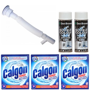 Pachet - 3 x Calgon Power pudra anti-calcar pentru masina de spalat, 10 Spalari, 500g + 2 x Den Braven Vopsea spray email, 400ml + Sifon scurgere chiuveta pentru masina de spalat Pachet - 3 x Calgon Power pudra anti-calcar pentru masina de spalat, 10 Spalari, 500g + 2 x Den Braven Vopsea spray email, 400ml + Sifon scurgere chiuveta pentru masina de spalat