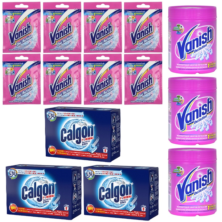 Pachet - 3 x Calgon Powerball Tablete, 8 tablete/cutie, 104g + 3 x Vanish Oxi Action pudra universal, 450g + 8 x Vanish pudra universal, 30g