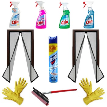 Pachet - 2 x Plasa insecte cu inchidere magnetica, Crem, 210x100cm + Aroxol spray insecticid universal + 2 x Manusi din cauciuc + Stergator geam + 4 x Clin solutie curatat geamuri, (Vis mediteranean, Lamaie, Mar verde, Clasic) Pachet - 2 x Plasa insecte cu inchidere magnetica, Crem, 210x100cm + Aroxol spray insecticid universal + 2 x Manusi din cauciuc + Stergator geam + 4 x Clin solutie curatat geamuri, (Vis mediteranean, Lamaie, Mar verde, Clasic)