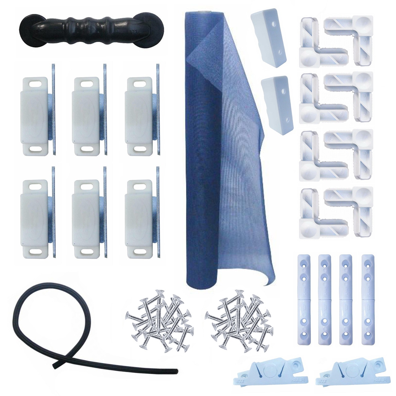 Pachet - 6 x Magnet pentru profil, Alb + 5 metri liniari x Plasa insecte din fibra ignifuga, 120cm + Aparat introdus garnitura + Garnitura, 30 metri liniari + 8 x Coltar + 4 x Balama + 2 x Clips + 2 x Maner + Autoforant, 20 buc