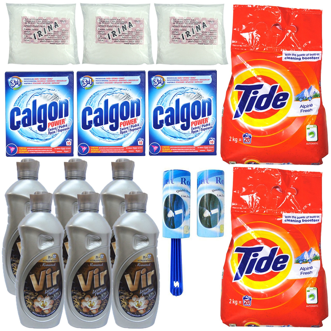 Pachet - 6 x Vir Romantisch Balsam de rufe, 2L + 2 x Tide Alpine Fresh Detergent automat de rufe, 2Kg + 3 x Apret praf, 150g + 3 x Calgon pudra anti-calcar, 500g + Rola scame cu rezerva