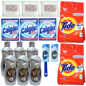 Pachet - 6 x Vir Romantisch Balsam de rufe, 2L + 2 x Tide Alpine Fresh Detergent automat de rufe, 2Kg + 3 x Apret praf, 150g + 3 x Calgon pudra anti-calcar, 500g + Rola scame cu rezerva Pachet - 6 x Vir Romantisch Balsam de rufe, 2L + 2 x Tide Alpine Fresh Detergent automat de rufe, 2Kg + 3 x Apret praf, 150g + 3 x Calgon pudra anti-calcar, 500g + Rola scame cu rezerva