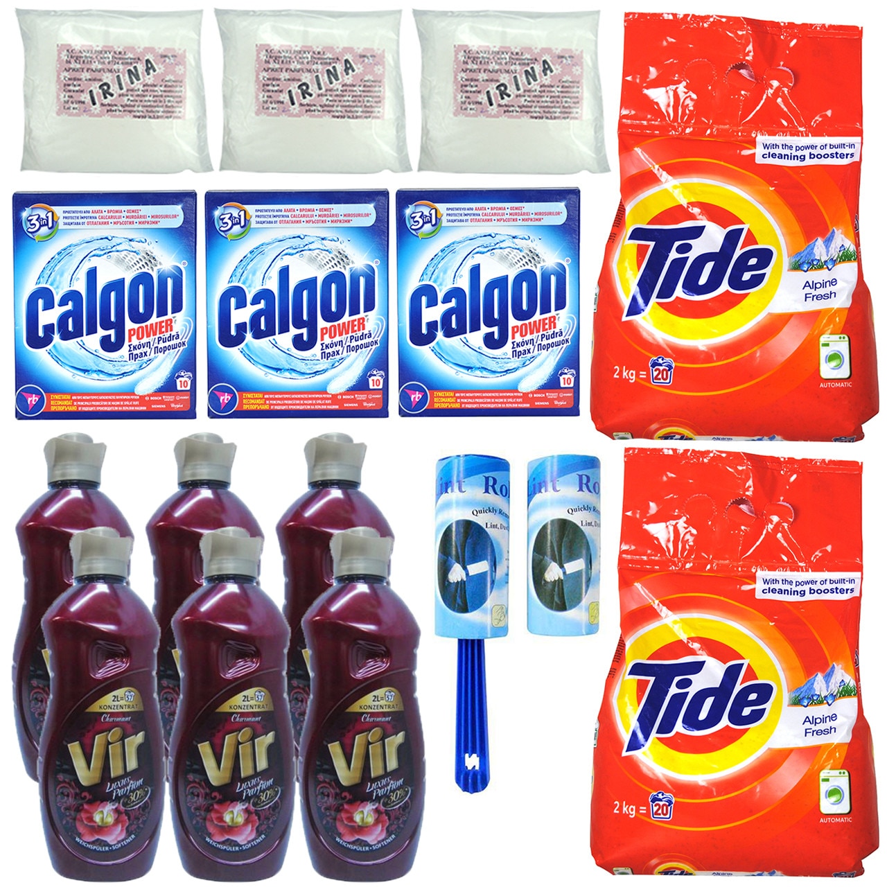 Pachet - 6 x Vir Charmant Balsam de rufe, 2L + 2 x Tide Alpine Fresh Detergent automat de rufe, 2Kg + 3 x Apret praf, 150g + 3 x Calgon pudra anti-calcar, 500g + Rola scame cu rezerva