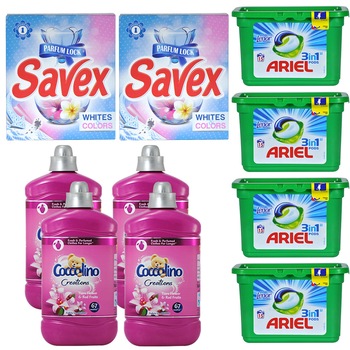 Pachet - 4 x Balsam de rufe Coccolino Fructe rosii si Flori Tiare 1680ml + 4 x Detergent rufe Ariel 3in1, Capsule 405 g, 15buc/Cutie + 2 x Savex Detergent rufe Automat 2in1, White & Colours, 300 g Pachet - 4 x Balsam de rufe Coccolino Fructe rosii si Flori Tiare 1680ml + 4 x Detergent rufe Ariel 3in1, Capsule 405 g, 15buc/Cutie + 2 x Savex Detergent rufe Automat 2in1, White & Colours, 300 g