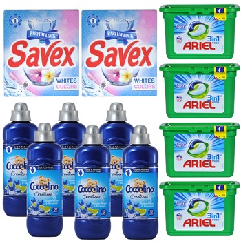 Pachet - 6 x Coccolino Balsam de rufe Bergamota & Floarea pasiunii, 925ml + 4 x Ariel Detergent pentru rufe 3in1, Capsule, 405 g 15buc/Cutie + 2xDetergent rufe automat, Savex, White and Colours, 300 g Pachet - 6 x Coccolino Balsam de rufe Bergamota & Floarea pasiunii, 925ml + 4 x Ariel Detergent pentru rufe 3in1, Capsule, 405 g 15buc/Cutie + 2xDetergent rufe automat, Savex, White and Colours, 300 g