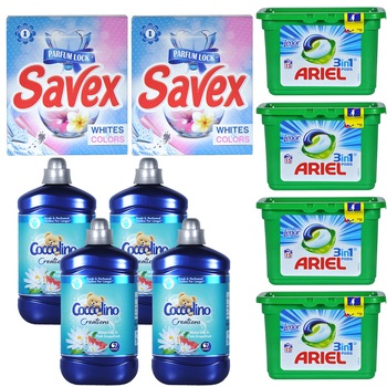 Pachet - 4 x Coccolino Balsam de rufe Water Lily and Redgrapefruit 1680ml + 4 x Ariel Detergent rufe 3 in 1, Capsule, 405 g, 15buc/Cutie + 2 x Detergent rufe Automat, Savex, White and Colours, 300 g Pachet - 4 x Coccolino Balsam de rufe Water Lily and Redgrapefruit 1680ml + 4 x Ariel Detergent rufe 3 in 1, Capsule, 405 g, 15buc/Cutie + 2 x Detergent rufe Automat, Savex, White and Colours, 300 g