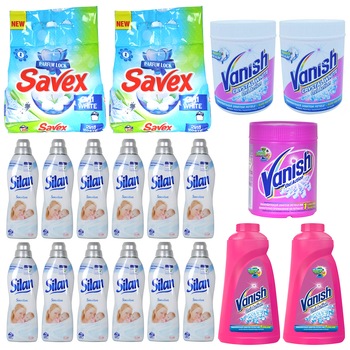 Pachet - 12 x Balsam de rufe, Silan, 1L + 2 x Detergent rufe automat, Savex 2 in 1, 2Kg + 2 x Vanish Oxi Action lichid, 1L + Pudra Universala, Vanish + 2 x Pudra Vanish Oxi Action Pachet - 12 x Balsam de rufe, Silan, 1L + 2 x Detergent rufe automat, Savex 2 in 1, 2Kg + 2 x Vanish Oxi Action lichid, 1L + Pudra Universala, Vanish + 2 x Pudra Vanish Oxi Action