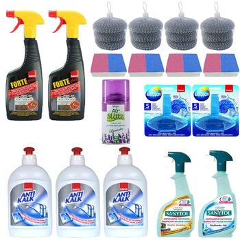 Pachet - 3 x Sano AntiKalk Universal, 500ml + 2 x Sanytol dezinfectant (1xBucatarie, 1xBaie), 500ml + 2 x Sano Forte aragaz, 500ml + 4 x Set 3 bureti sarma + 4 x Set 2 bureti vase + 2 x SanoBon Odorizant WC + Air Bllitz Odorizant camera, lavanda, 220ml Pachet - 3 x Sano AntiKalk Universal, 500ml + 2 x Sanytol dezinfectant (1xBucatarie, 1xBaie), 500ml + 2 x Sano Forte aragaz, 500ml + 4 x Set 3 bureti sarma + 4 x Set 2 bureti vase + 2 x SanoBon Odorizant WC + Air Bllitz Odorizant camera, lavanda, 220ml