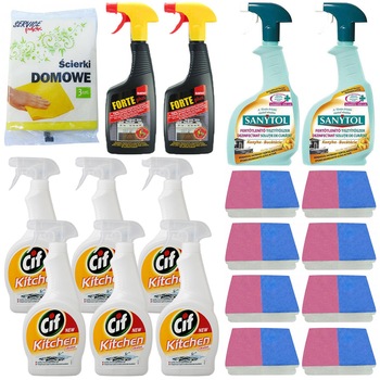 Pachet - 6 x Solutie bucatarie ultra-rapid cu pulverizator, Cif Kitchen Ultrafast, 500ml + 8 x Set Bureti de Vase, 2buc/Set + 2 x Dezinfectant bucatarie, Sanytol, 500ml + 2 x Solutie aragaz, Sano Forte, 500ml + Set 3 Lavete uscate Pachet - 6 x Solutie bucatarie ultra-rapid cu pulverizator, Cif Kitchen Ultrafast, 500ml + 8 x Set Bureti de Vase, 2buc/Set + 2 x Dezinfectant bucatarie, Sanytol, 500ml + 2 x Solutie aragaz, Sano Forte, 500ml + Set 3 Lavete uscate