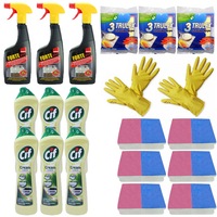 pachet - 6 x cif lemon crema pentru curatat universala 500ml  3 x sano forte solutie aragaz 500ml  3 x set 3 lavete umede  6 x set 2 bureti de vase  2 x manusi cauciuc pentru uz casnic imagen 56_0_
0