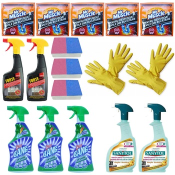 Pachet - 3 x Cillit Bang degresant pentru bucatarie, 750ml + 2 x Sanytol dezinfectant bucatarie, 750ml + 5 x MrMuscle Granule de desfundat tevile, 50g + 2 x Sano Forte pentru aragaz, 500ml + 3 x Set 2 bureti + 2 x Manusi cauciuc pentru uz casnic Pachet - 3 x Cillit Bang degresant pentru bucatarie, 750ml + 2 x Sanytol dezinfectant bucatarie, 750ml + 5 x MrMuscle Granule de desfundat tevile, 50g + 2 x Sano Forte pentru aragaz, 500ml + 3 x Set 2 bureti + 2 x Manusi cauciuc pentru uz casnic