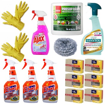 Pachet - 3 x Efekt Solutie cu pulverizator pentru bucatarie, 750ml + 6 x Set Bureti de vase, 2buc/set + Sanytol Dezinfectant pentru bucatarie, 500 ml + Burete de sarma + Sano Prosop bucatarie, 100M + Ajax Solutie geamuri, 500ml + 2 x Manusi uz casnic Pachet - 3 x Efekt Solutie cu pulverizator pentru bucatarie, 750ml + 6 x Set Bureti de vase, 2buc/set + Sanytol Dezinfectant pentru bucatarie, 500 ml + Burete de sarma + Sano Prosop bucatarie, 100M + Ajax Solutie geamuri, 500ml + 2 x Manusi uz casnic