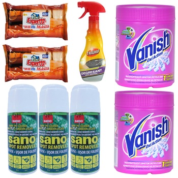 Pachet - 3 x Sano Spot Remover Solutie spuma pentru curatare uscata, 170ml + 2 x Servetele umede pentru mobila + 2 x Vanish Oxi Action universal pudra, 450g + Triumf degresant, 350ml Pachet - 3 x Sano Spot Remover Solutie spuma pentru curatare uscata, 170ml + 2 x Servetele umede pentru mobila + 2 x Vanish Oxi Action universal pudra, 450g + Triumf degresant, 350ml