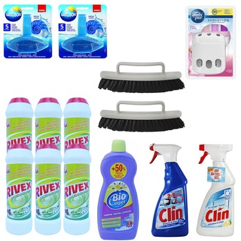 Pachet - 6 x Rivex praf de curatat, 500g + Ambi Pur Odorizant camera, Flowers & Spring, 20ml + 2 x SanoBon Odorizant WC + Biocarpet solutie covoare, 750ml + 2 x Perie covoare cu maner + Clin de geamuri lamaie, 500ml + Clin de geamuri multi-shine, 500ml Pachet - 6 x Rivex praf de curatat, 500g + Ambi Pur Odorizant camera, Flowers & Spring, 20ml + 2 x SanoBon Odorizant WC + Biocarpet solutie covoare, 750ml + 2 x Perie covoare cu maner + Clin de geamuri lamaie, 500ml + Clin de geamuri multi-shine, 500ml
