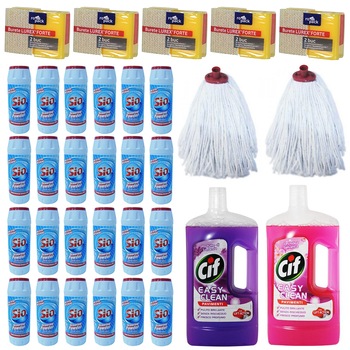 Pachet - 24 x Sio praf de curatat, 500g + 2 x Cif Solutie pentru pardoseli, 1L (lavanda, orhidee salbatica) + 5 x Set bureti de curatat, 2buc/set + 2 x Mop bumbac, 250g Pachet - 24 x Sio praf de curatat, 500g + 2 x Cif Solutie pentru pardoseli, 1L (lavanda, orhidee salbatica) + 5 x Set bureti de curatat, 2buc/set + 2 x Mop bumbac, 250g