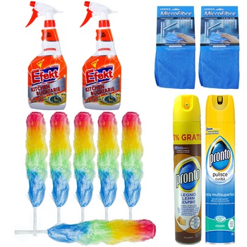 Pachet - 6 x Pamatuf praf cu filet in coada + Pronto spray universal, 300ml + Pronto spray pentru mobila, 400ml + 2 x Laveta Microfibre + 2 x Efekt de bucatarie, 750 ml Pachet - 6 x Pamatuf praf cu filet in coada + Pronto spray universal, 300ml + Pronto spray pentru mobila, 400ml + 2 x Laveta Microfibre + 2 x Efekt de bucatarie, 750 ml