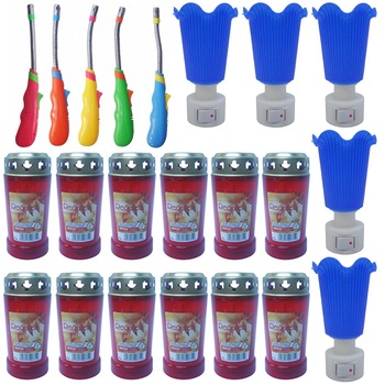 Pachet - 12 x Candela cu capac auriu + 5 x Aprinzator cu prelungitor flexibil (diferite culori) + 5 x Lampa de veghe albastra Pachet - 12 x Candela cu capac auriu + 5 x Aprinzator cu prelungitor flexibil (diferite culori) + 5 x Lampa de veghe albastra